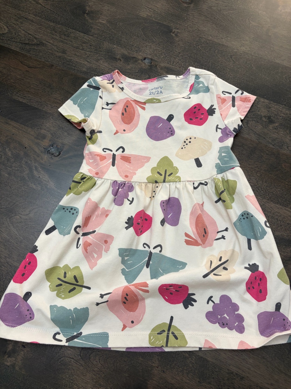 Carter's White Cotton Dress with Pink, Purple, Green & Blue Fruit Print